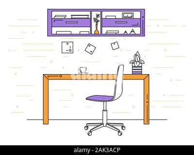Office in a linear style. Workplace with a computer. Vector Stock Vector