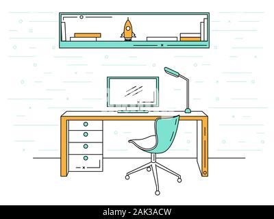 Office in a linear style. Workplace with a computer. Vector Stock Vector