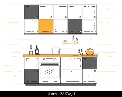 Modern kitchen. Kitchen furniture with sink, hob and extractor. Vector illustration in a linear style. Stock Vector