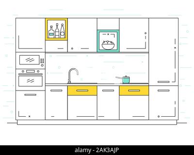 Modern kitchen. Kitchen furniture with sink, hob and extractor. Vector illustration in a linear style. Stock Vector
