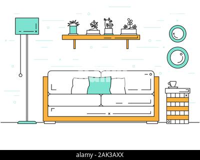 Vector illustration in a linear style. Sofa, bedside table, floor lamp and shelf with plants. Vector Stock Vector