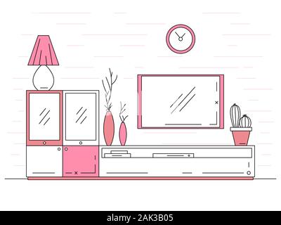 Linear sketch of the interior. Bookcase, dresser with TV and shelves. Linear sketch of the interior in a modern style. Stock Vector