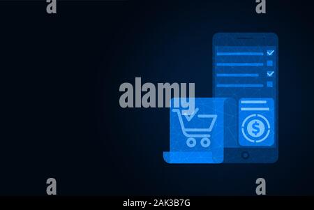 Online shopping low poly design, Mobile banking wireframe mesh polygonal vector illustration made from points and lines on dark blue background Stock Vector