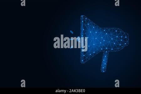 Megaphone low poly design, advertising wireframe mesh polygonal vector illustration made from points and lines on dark blue background Stock Vector
