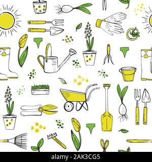 Spring garden seamless pattern. Hand drawn garden elements, plants and flowers, vector illustration Stock Vector