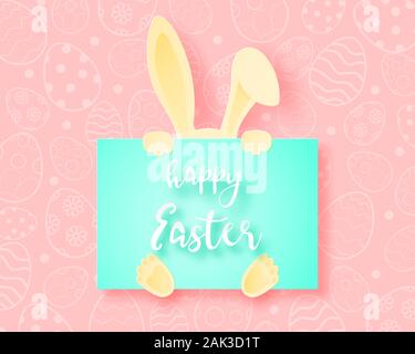 Happy Easter day background with bunny hide behind banner in paper cut style. Digital craft paper art. Stock Vector