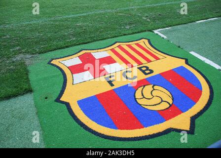 BARCELONA, SPAIN - JULY, 2013 : FC Barcelona logo at Camp Nou stadium field. Stock Photo