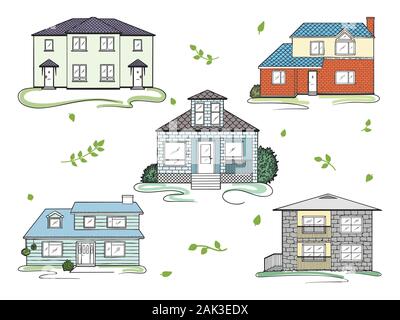 Set of different houses. Vector illustration in a sketch style. Stock Vector