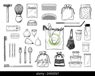 Large set of different environmental items. Zero waste. Vector illustration Stock Vector