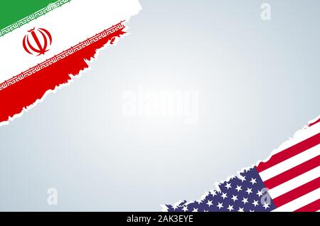 Flags of Iran and USA on light blue gradient for banner or poster design, Concept of Iran and US political conflict - Vector Illustration Stock Vector