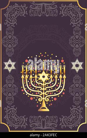 Jewish golden menorah with candles and florals, greeting card for Hanukkah, Jewish festival of lights decoration symbol. Stock Vector