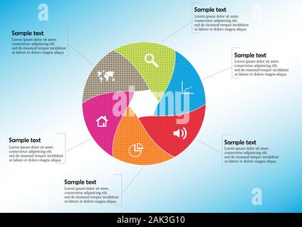 Vector infographic template with circle divided to six color parts to create hexagonal shape. All sections contains pattern and texture fill. Backgrou Stock Vector