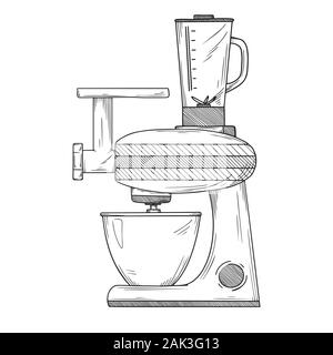 Food processor with different nozzles isolated on white background. Vector illustration in sketch style Stock Vector