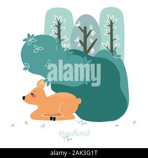 Cute deer, doe, roe deer on the background of a tree, plant, bush. Vector illustration in the Scandinavian style. Stock Vector