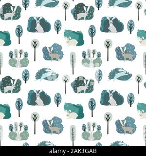 Seamless pattern with rabbit, hare and different elements. Illustration hand drawn in scandinavian style. Stock Vector