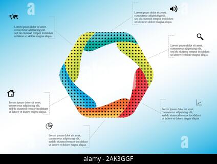 Vector infographic template with colorful hexagon. Hexagon is created by six curved elements. All sections contain pattern and texture fill. Backgroun Stock Vector