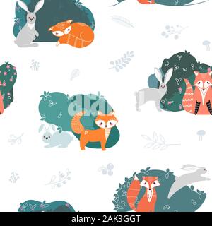 Seamless pattern with foxes, rabbits, hares and different elements. Illustration hand drawn in scandinavian style. Stock Vector