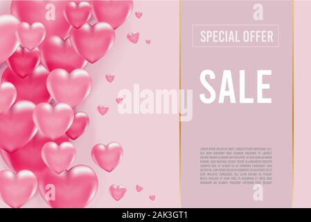3d vector saint valentine s day pink heart on light background. Poster and invitation Stock Vector