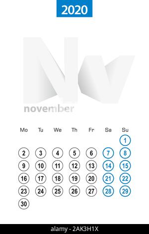 Calendar November 2020 Clean Minimal Table Simple Design. Basic Grid ...