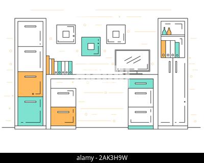 Office in a linear style. Workplace with a computer. Vector Stock Vector