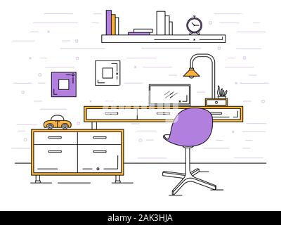 Office in a linear style. Workplace with a computer. Vector Stock Vector