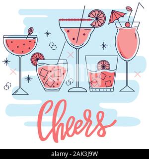 Set of linear style glasses of different shape with cocktails in pink color. Cocktail party invitation concept template, vector illustration Stock Vector