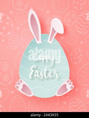 Happy Easter day poster and greeting card with bunny hide in big egg in paper cut style. Digital craft paper art. Stock Vector