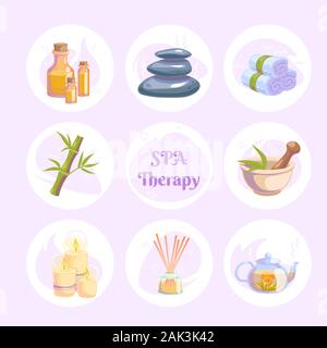 Spa therapy icons round stickers for wellness salon. Relax massage vector illustration. Body health nature concept. Beauty skincare design elements. Herbal organic collection. Stock Vector
