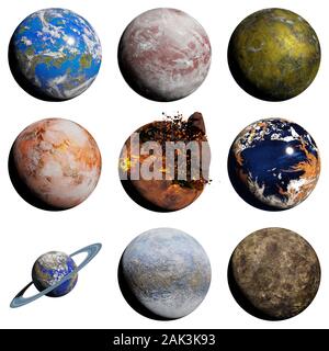 set of alien planets isolated on white background, nearby exoplanets Stock Photo