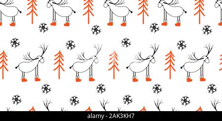 Seamless light pattern with deers and trees. Scandinavian style drawing. Linear art. Black-white illustration. Hello winter.. Stock Vector