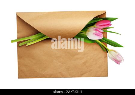 Craft paper envelope with three tulip flowers isolated on white background Stock Photo