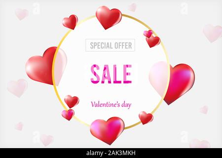 3d vector saint valentine s day golden round frame on colourful background with vector hearts. Concept sale special offer on white background Stock Vector