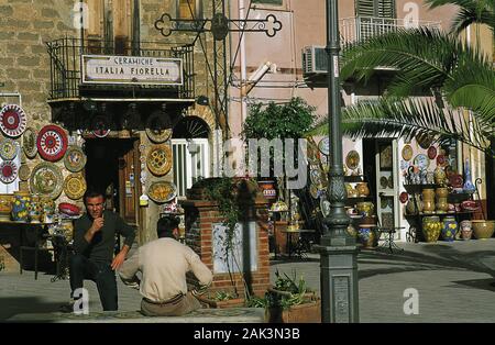 Shops for ceramics in a street in Santo Stefano di Camastra on Sicily. The place is known for its ceramics business. There are many shops for ceramics Stock Photo