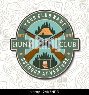 Hunting club. Vector. Concept for shirt or label, print, stamp or tee. Vintage  typography design with hunting gun, bear and forest silhouette. Outdoor  adventure hunt club emblem. Wild adventure Stock Vector Image