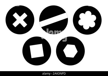 A collection of five screw heads in silhouette set over a white background Stock Vector