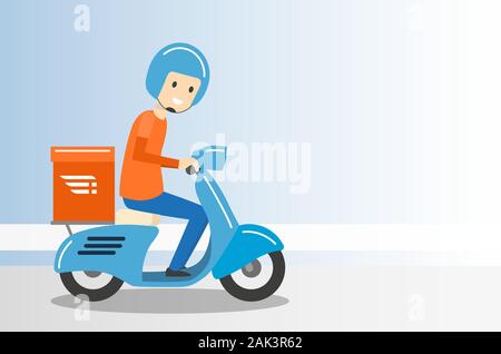 Delivery Boy Ride Scooter Motorcycle Service with copy space - Vector Illustration. Stock Vector