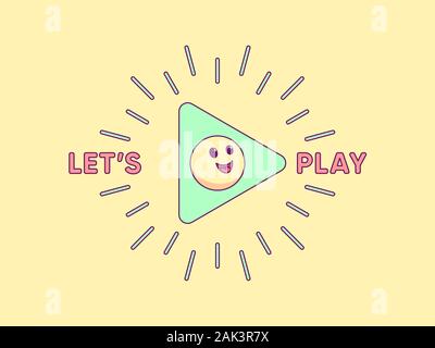 Lets play, cartoon composition with play sign surrounded rays, cheerful emoji and slogan text. Minimalistic vector illustration, gaming social media c Stock Vector