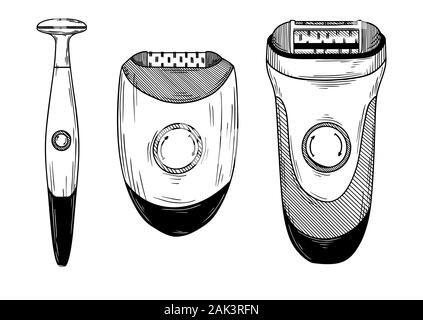 Set of different epilators, trimmers and shaving machine. Vector illustration Stock Vector