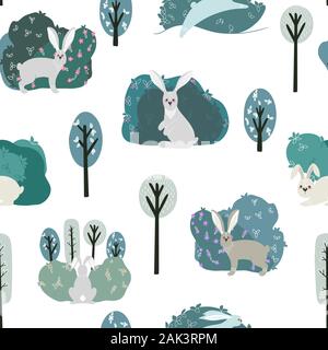 Seamless pattern with rabbit, hare and different elements. Illustration hand drawn in scandinavian style. Stock Vector