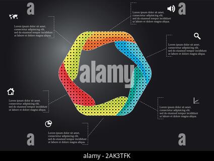 Vector infographic template with colorful hexagon. Hexagon is created by six curved elements. All sections contain pattern and texture fill. Backgroun Stock Vector