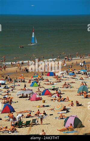 Hustle and bustle at the beach of Egmond-aan-Zee in the Netherlands. The former fishing village is situated at the coast of the North Sea in the provi Stock Photo