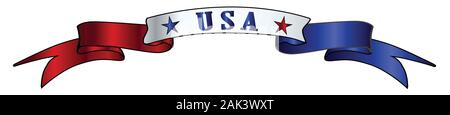 A red white and blue satin or silk ribbon banner with the text USA and stars Stock Vector