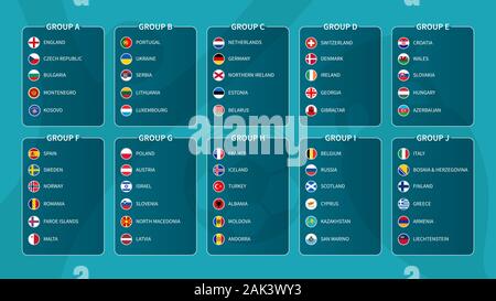 European soccer tournament qualifying draw 2020 . Group of international football teams with flat circle country flag . Vector . Stock Vector