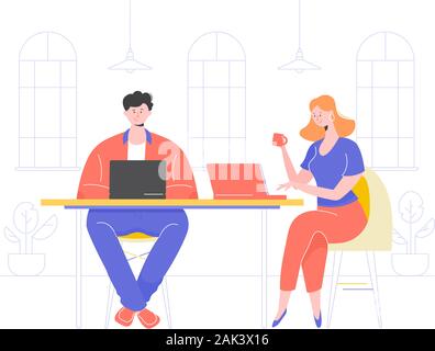 The guy and the girl with laptops in coworking. Stock Vector