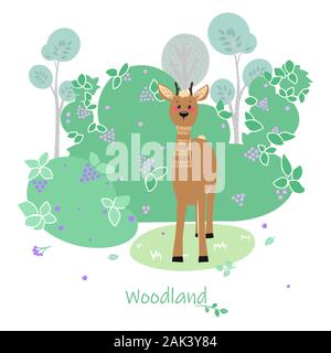Cute deer, doe, roe deer on the background of a tree, plant, bush. Vector illustration in the Scandinavian style. Stock Vector