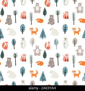 Seamless pattern with cute bears, foxs and different elements. Vector illustration in scandinavian style. Stock Vector