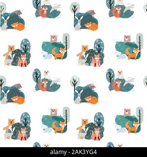 Seamless pattern with cute bear, fox, hare and rabbit on a background of plants. Illustration hand drawn in scandinavian style. Stock Vector