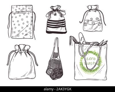Set of different linen bags, packages. Zero waste. Vector illustration Stock Vector