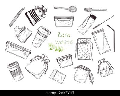 Large set of different environmental items. Zero waste. Vector illustration Stock Vector