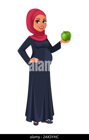 Beautiful pregnant Muslim woman in hijab holding green apple. Cute Arab lady prepares to be a mother. Muslin girl cartoon character. Vector illustrati Stock Vector